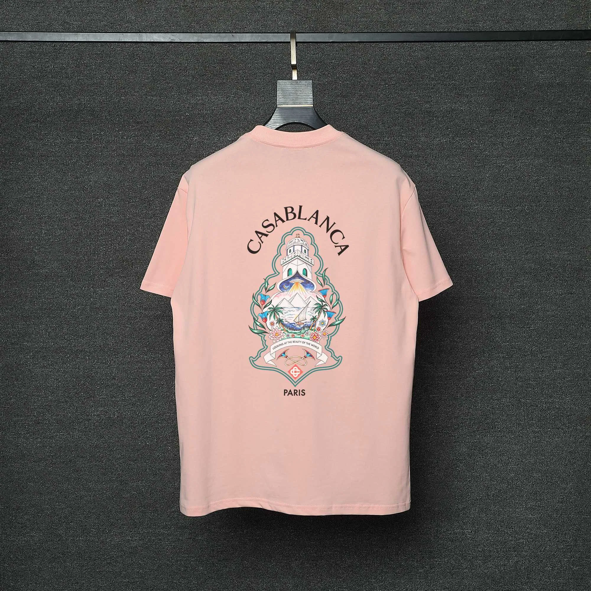 26ss CASABLANCA original printing process short-sleeved T-shirt original development using high-density double yarn pure cotton fabric upper body soft and comfortable color Black White Dark Green color Orange Pink Blue Royal Blue color cigarette powder 8 colors Sizes S M L XL
